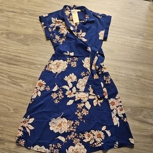 Monteau Navy Blue Floral Wrap Midi Dress